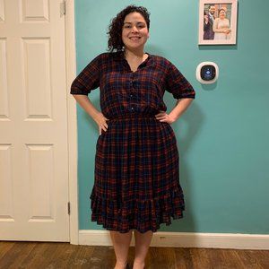 Eshakti Navy & Red Plaid Chiffon Dress w/ POCKETS!